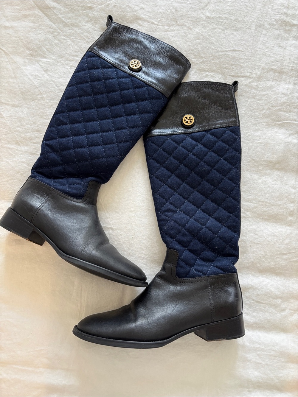 Tory Burch Navy Quilted Shaft Black Leather Tall Riding Boots with Gold Logo